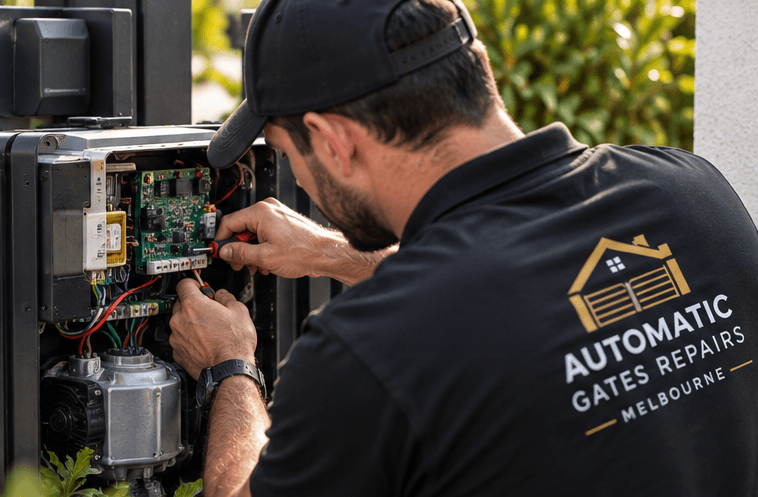 Technician repairing an automatic gate motor