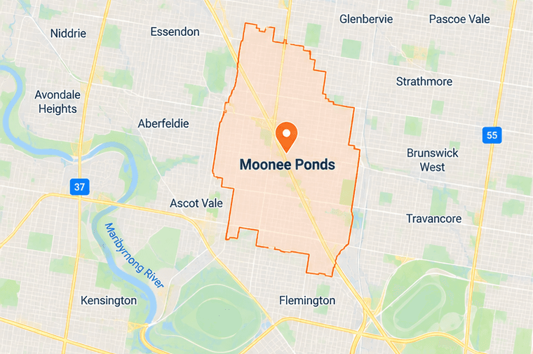 Map of Moonee Ponds service area in north-west Melbourne