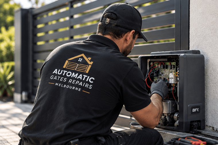 Automatic Gates Repairs technician working on an open automatic gate motor