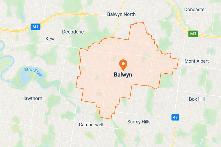 Map of Balwyn service area in eastern Melbourne