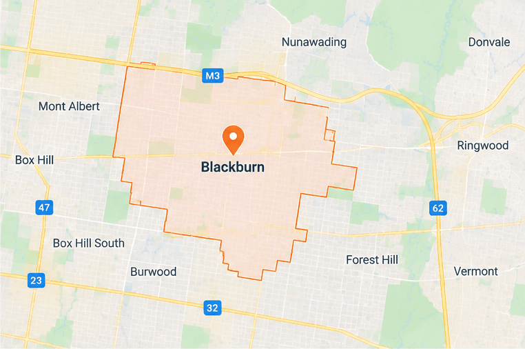 Map of Blackburn service area in eastern Melbourne