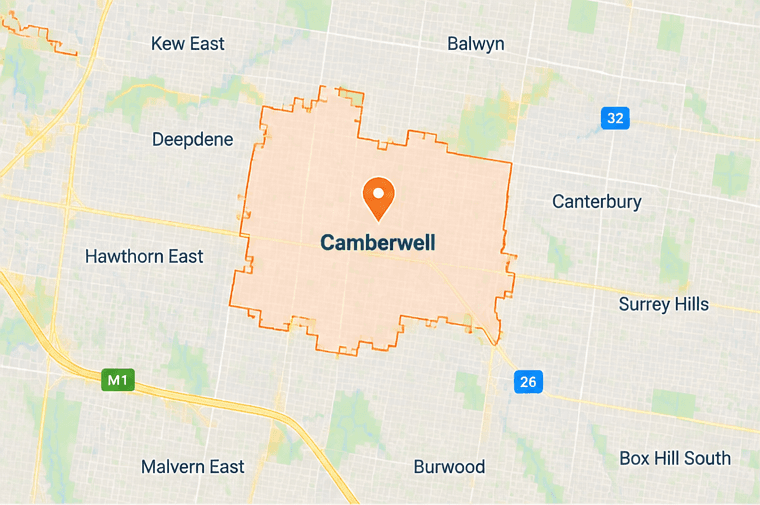 Map of Camberwell service area in eastern Melbourne