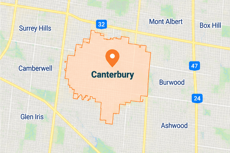 Map of Canterbury service area in eastern Melbourne, Victoria