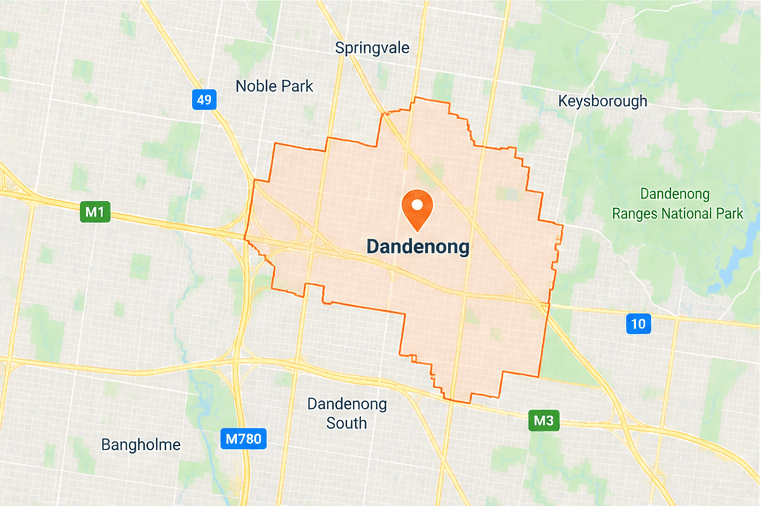 Map of Dandenong service area in south-east Melbourne