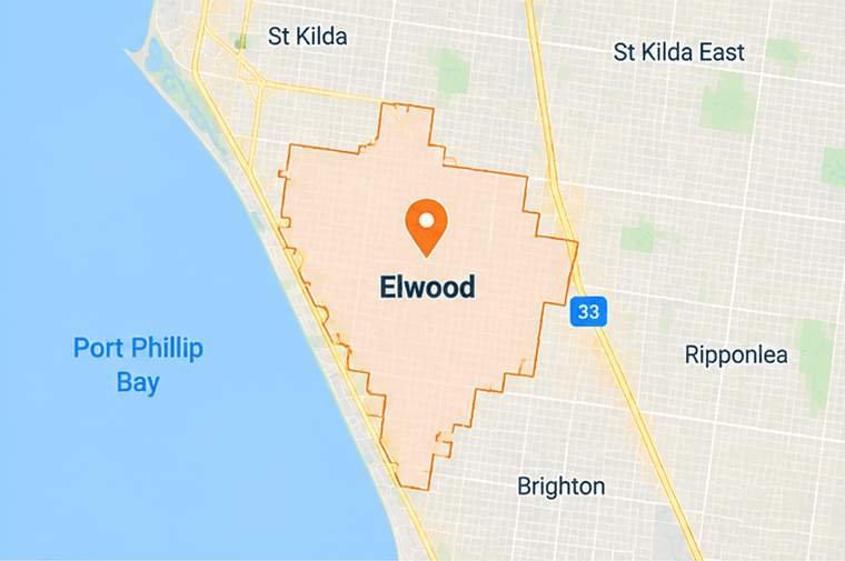 Map of Elwood service area in bayside Melbourne