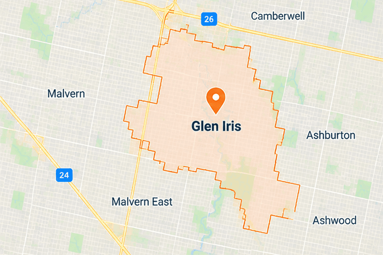 Map of Glen Iris service area in eastern Melbourne