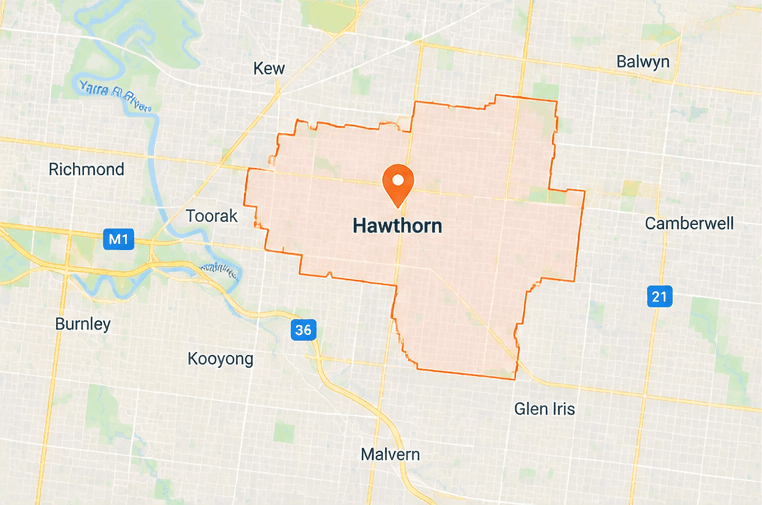 Map of Hawthorn service area in inner east Melbourne