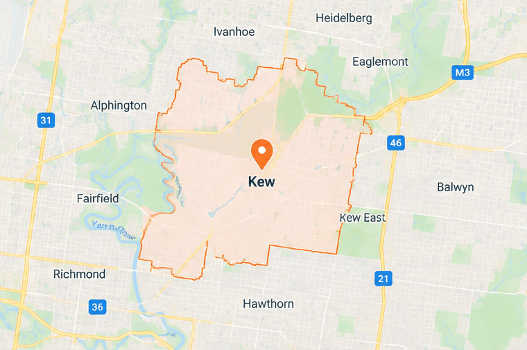 Map of Kew service area in inner east Melbourne