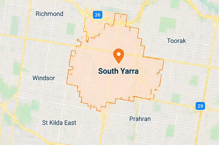 Map of South Yarra service area in inner south-east Melbourne